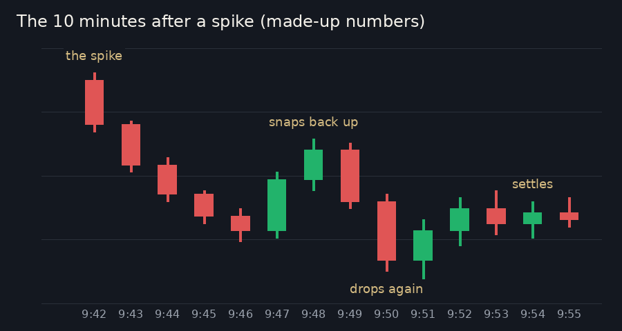Fourteen one-minute candles: a spike down, a sharp snap back up, then a drop to a new low, then small candles settling; the swings in the 10 minutes after the spike would have caught both a chase and a fade